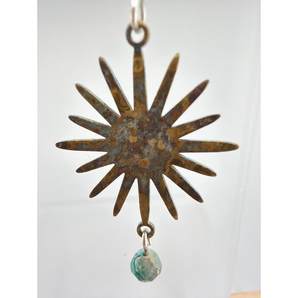 NEW Artisan Handcrafted Turquoise Sunburst Patina Metal Dangle Earrings - Picture 3 of 8